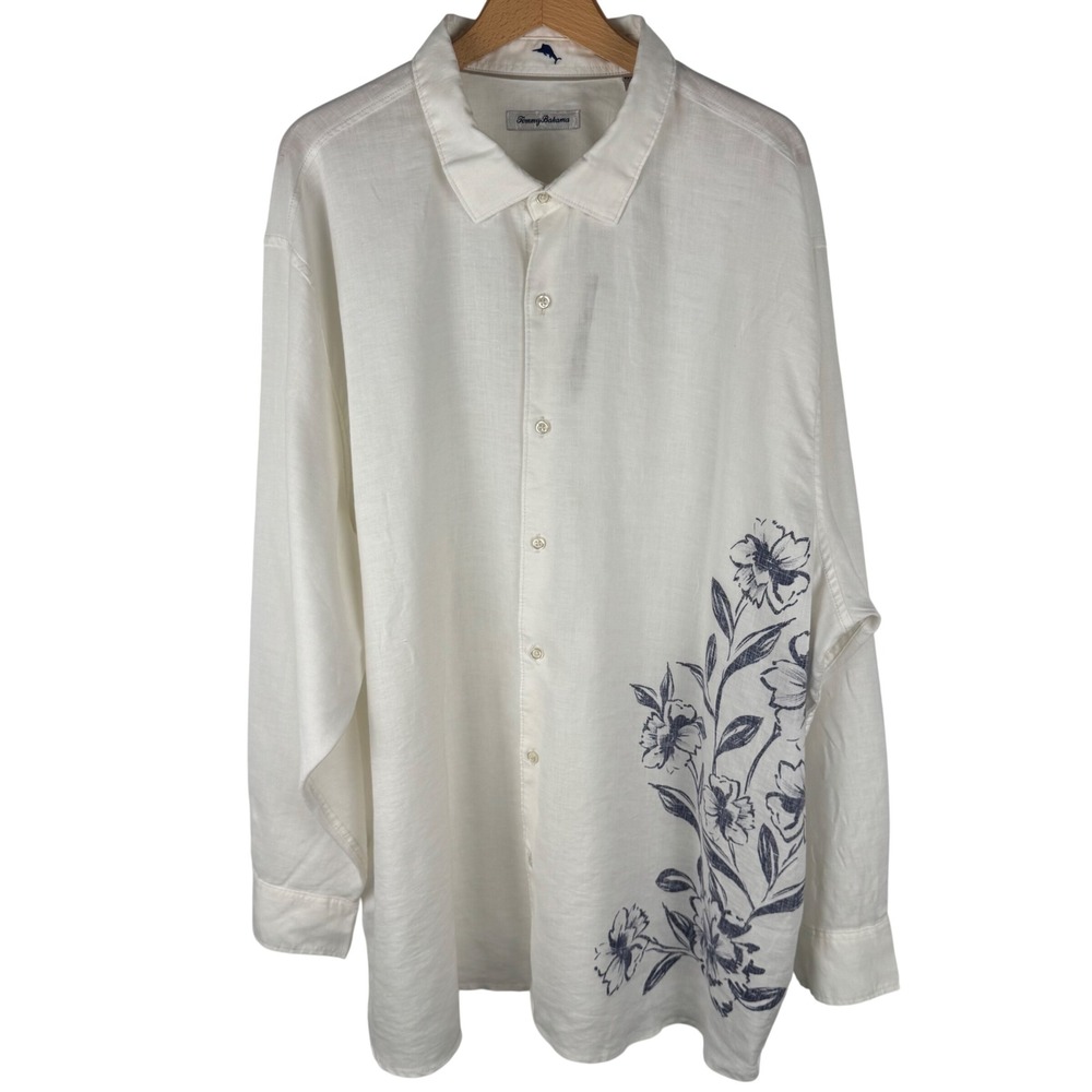 Tommy Bahama Mens XXXL Ink Wash Floral Linen Blend Shirt White Lychee Resortwear